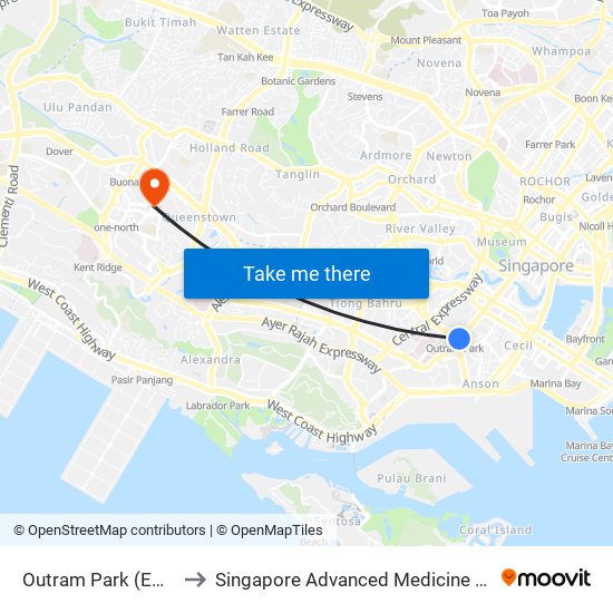Outram Park (EW16|NE3) to Singapore Advanced Medicine Proton Therapy map