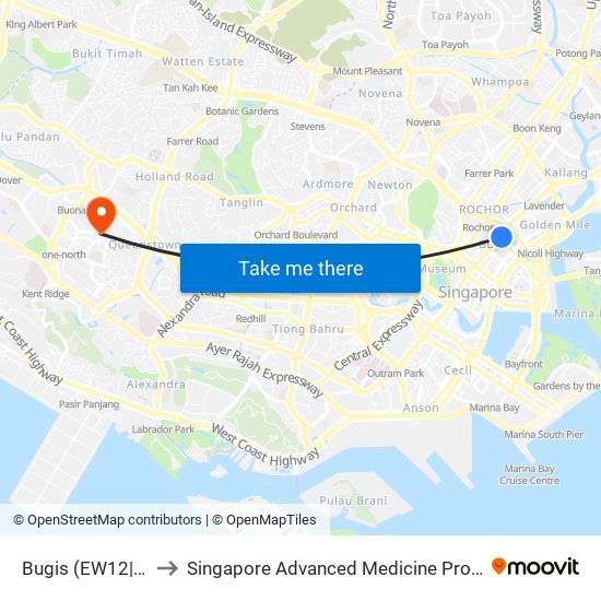 Bugis (EW12|DT14) to Singapore Advanced Medicine Proton Therapy map