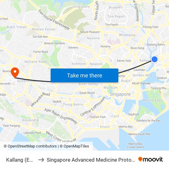 Kallang (EW10) to Singapore Advanced Medicine Proton Therapy map