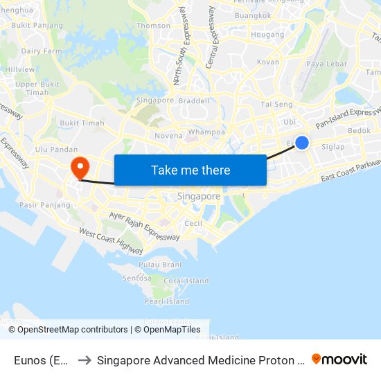 Eunos (EW7) to Singapore Advanced Medicine Proton Therapy map