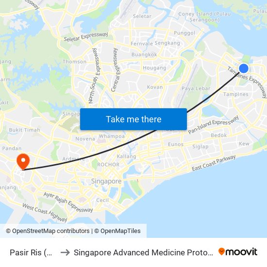 Pasir Ris (EW1) to Singapore Advanced Medicine Proton Therapy map