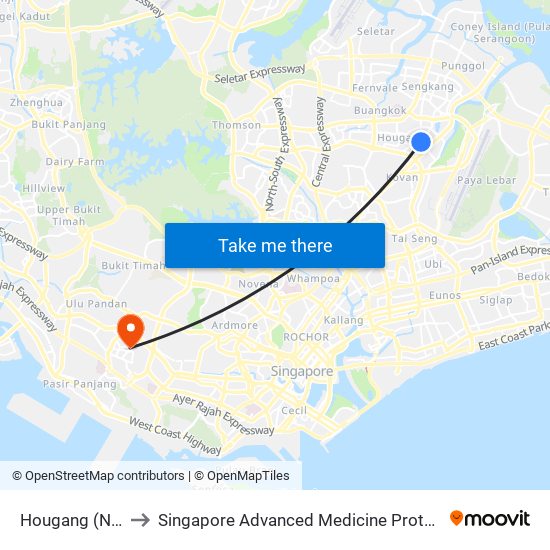 Hougang (NE14) to Singapore Advanced Medicine Proton Therapy map