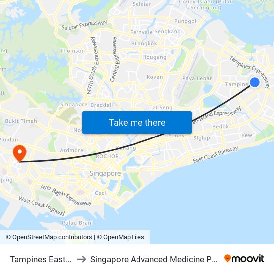 Tampines East (DT33) to Singapore Advanced Medicine Proton Therapy map