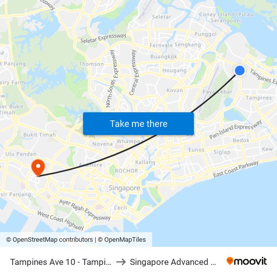 Tampines Ave 10 - Tampines Wafer Fab Pk (75351) to Singapore Advanced Medicine Proton Therapy map