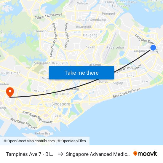 Tampines Ave 7 - Blk 497d (76241) to Singapore Advanced Medicine Proton Therapy map