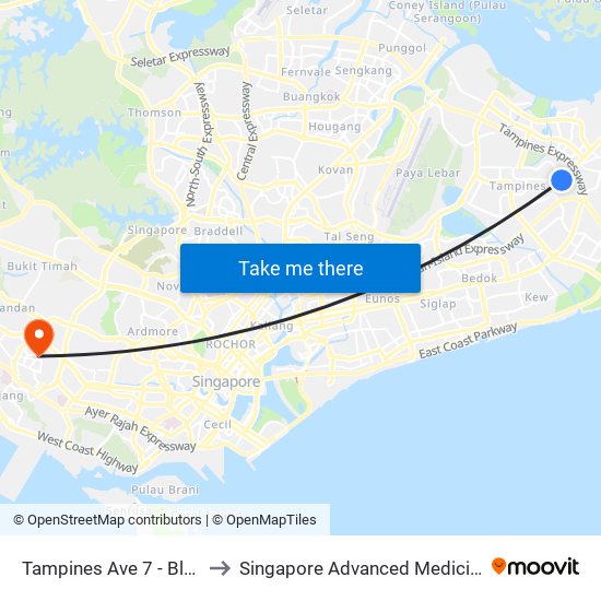 Tampines Ave 7 - Blk 390 (76239) to Singapore Advanced Medicine Proton Therapy map