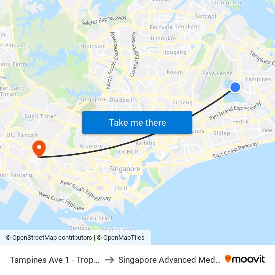 Tampines Ave 1 - Tropica Condo (75259) to Singapore Advanced Medicine Proton Therapy map