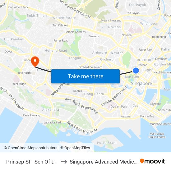 Prinsep St - Sch Of the Arts (08079) to Singapore Advanced Medicine Proton Therapy map