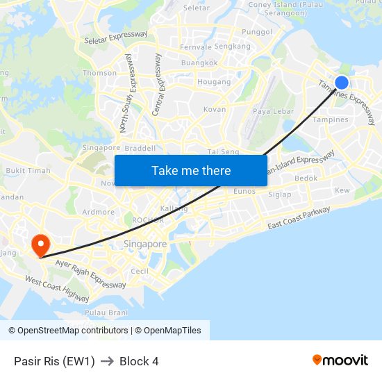 Pasir Ris (EW1) to Block 4 map