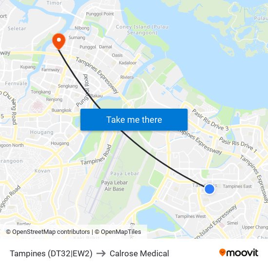 Tampines (DT32|EW2) to Calrose Medical map