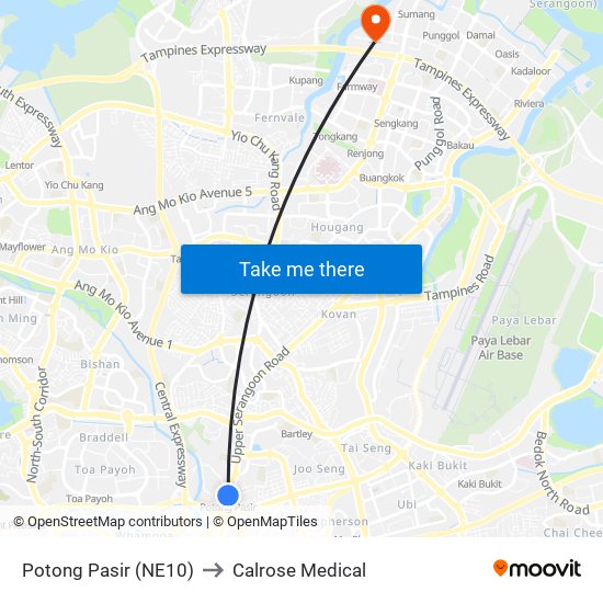 Potong Pasir (NE10) to Calrose Medical map