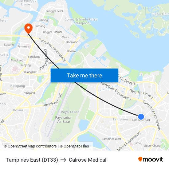 Tampines East (DT33) to Calrose Medical map