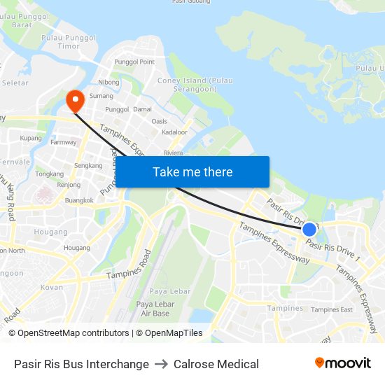 Pasir Ris Bus Interchange to Calrose Medical map