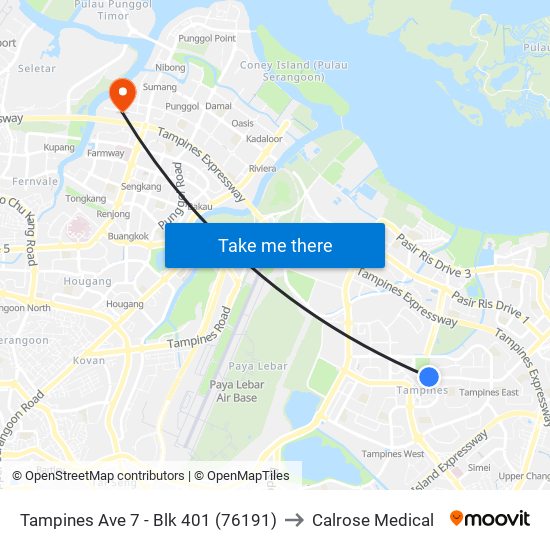 Tampines Ave 7 - Blk 401 (76191) to Calrose Medical map