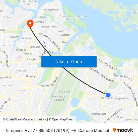 Tampines Ave 7 - Blk 503 (76199) to Calrose Medical map