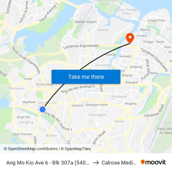 Ang Mo Kio Ave 6 - Blk 307a (54019) to Calrose Medical map