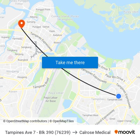 Tampines Ave 7 - Blk 390 (76239) to Calrose Medical map