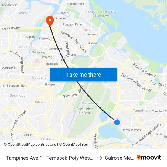 Tampines Ave 1 - Temasek Poly West G (75249) to Calrose Medical map