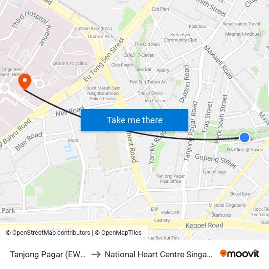 Tanjong Pagar (EW15) to National Heart Centre Singapore map