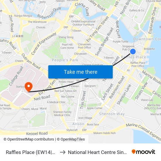 Raffles Place (EW14|NS26) to National Heart Centre Singapore map