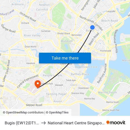 Bugis (EW12|DT14) to National Heart Centre Singapore map