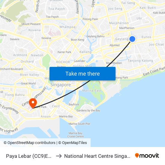 Paya Lebar (CC9|EW8) to National Heart Centre Singapore map