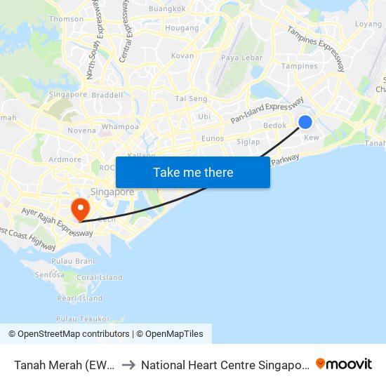 Tanah Merah (EW4) to National Heart Centre Singapore map