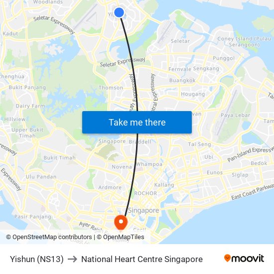 Yishun (NS13) to National Heart Centre Singapore map