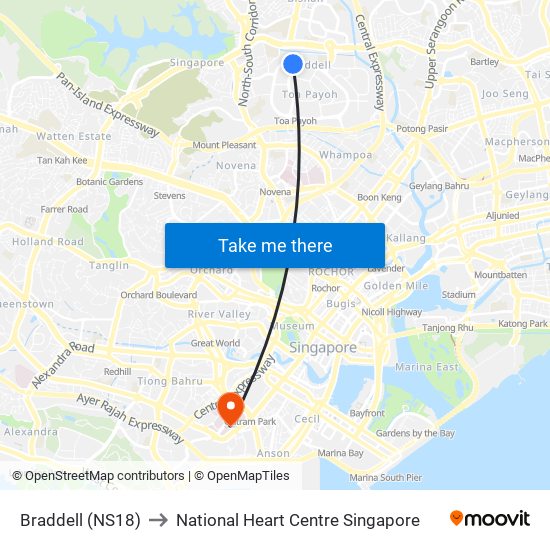 Braddell (NS18) to National Heart Centre Singapore map