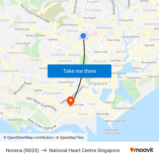 Novena (NS20) to National Heart Centre Singapore map