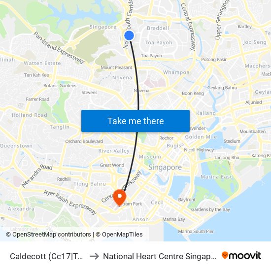 Caldecott (Cc17|Te9) to National Heart Centre Singapore map