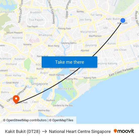 Kakit Bukit (DT28) to National Heart Centre Singapore map
