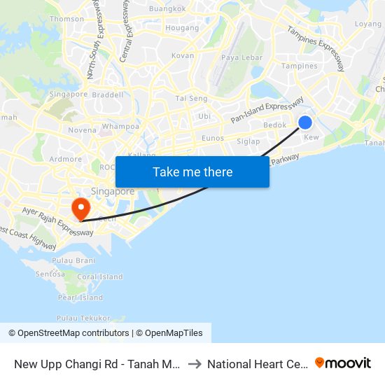 New Upp Changi Rd - Tanah Merah Stn Exit A (85099) to National Heart Centre Singapore map