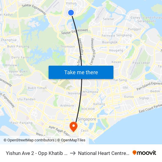 Yishun Ave 2 - Opp Khatib Stn (59049) to National Heart Centre Singapore map