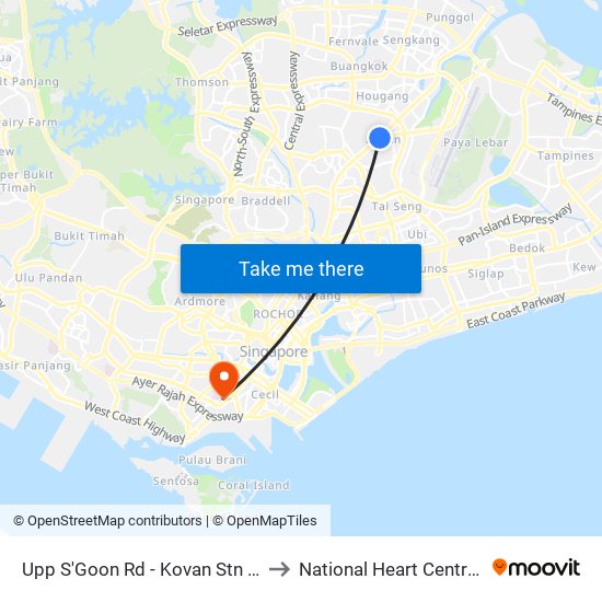 Upp S'Goon Rd - Kovan Stn Exit C (63039) to National Heart Centre Singapore map