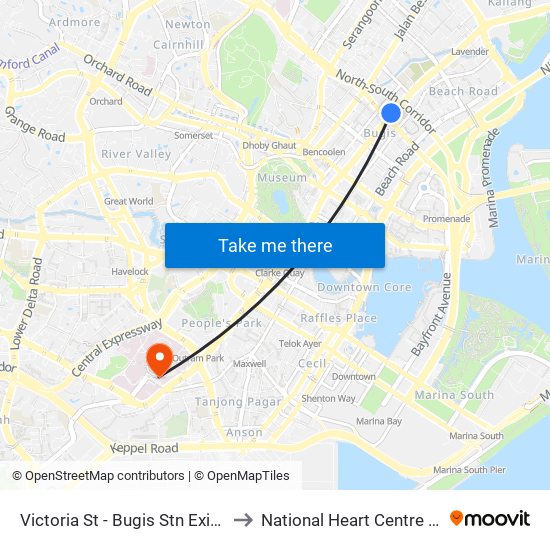 Victoria St - Bugis Stn Exit A (01113) to National Heart Centre Singapore map