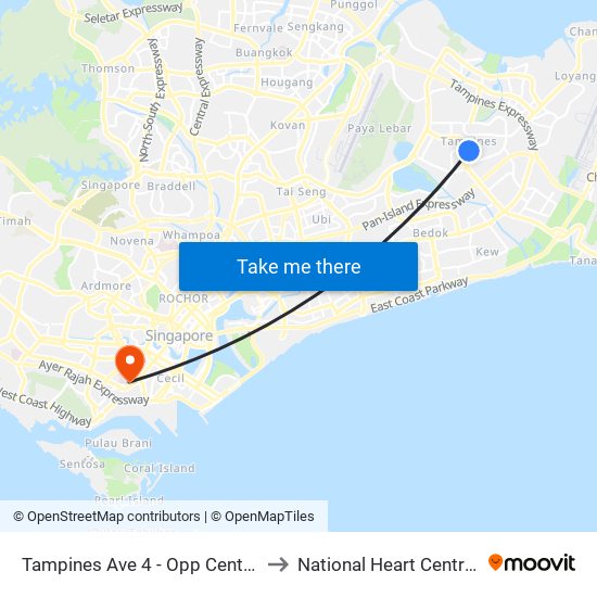 Tampines Ave 4 - Opp Century Sq (76139) to National Heart Centre Singapore map