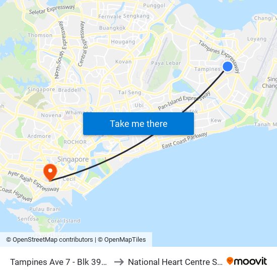 Tampines Ave 7 - Blk 390 (76239) to National Heart Centre Singapore map