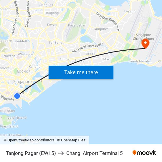 Tanjong Pagar (EW15) to Changi Airport Terminal 5 map