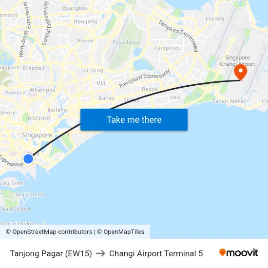 Tanjong Pagar (EW15) to Changi Airport Terminal 5 map