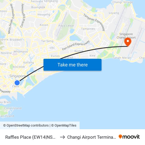 Raffles Place (EW14|NS26) to Changi Airport Terminal 5 map