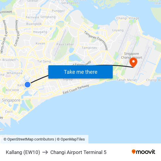 Kallang (EW10) to Changi Airport Terminal 5 map
