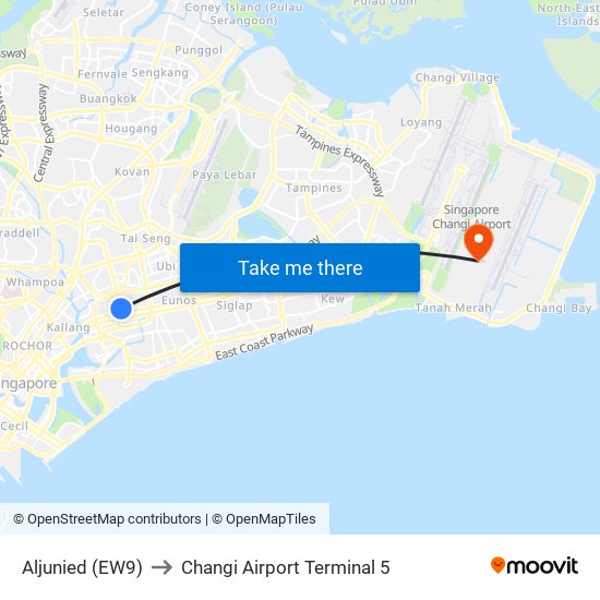 Aljunied (EW9) to Changi Airport Terminal 5 map