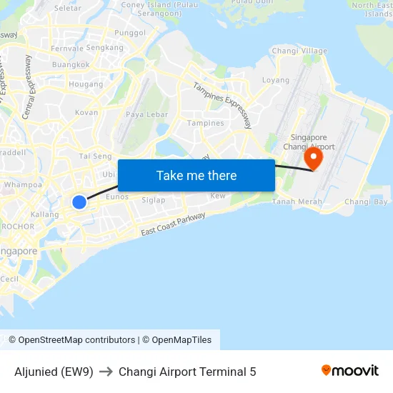 Aljunied (EW9) to Changi Airport Terminal 5 map