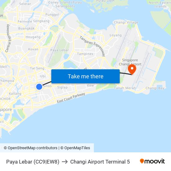 Paya Lebar (CC9|EW8) to Changi Airport Terminal 5 map