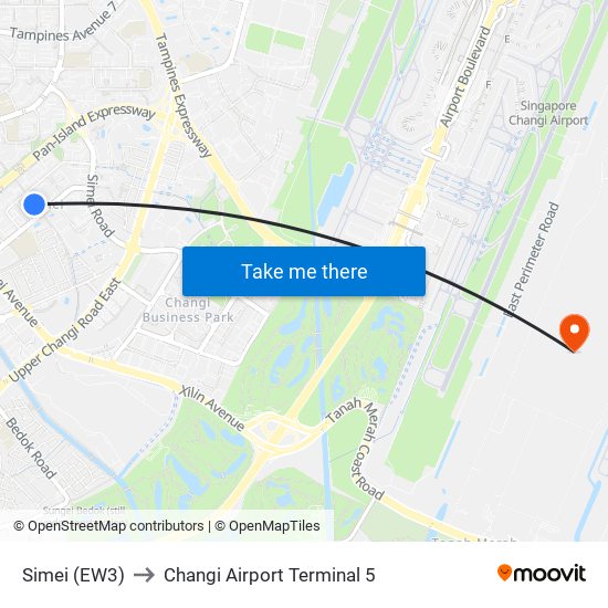 Simei (EW3) to Changi Airport Terminal 5 map