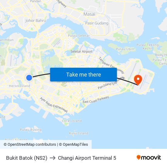 Bukit Batok (NS2) to Changi Airport Terminal 5 map