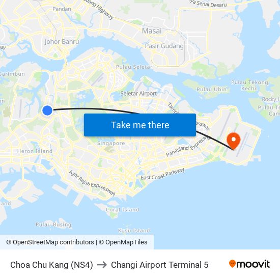 Choa Chu Kang (NS4) to Changi Airport Terminal 5 map