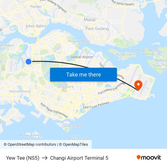 Yew Tee (NS5) to Changi Airport Terminal 5 map