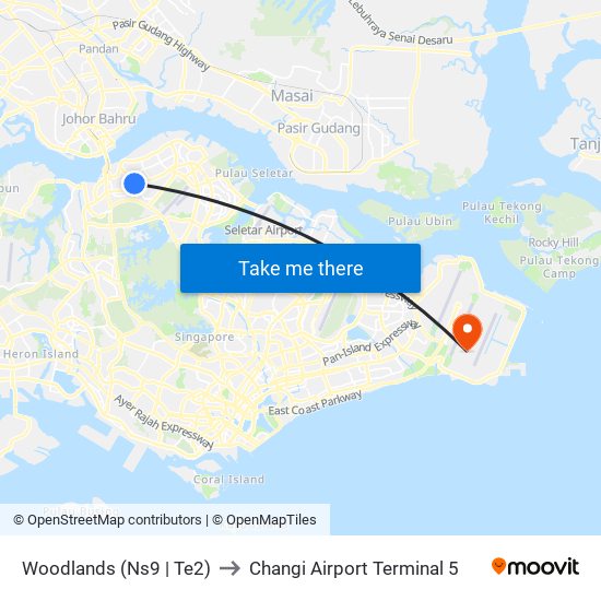 Woodlands (Ns9 | Te2) to Changi Airport Terminal 5 map